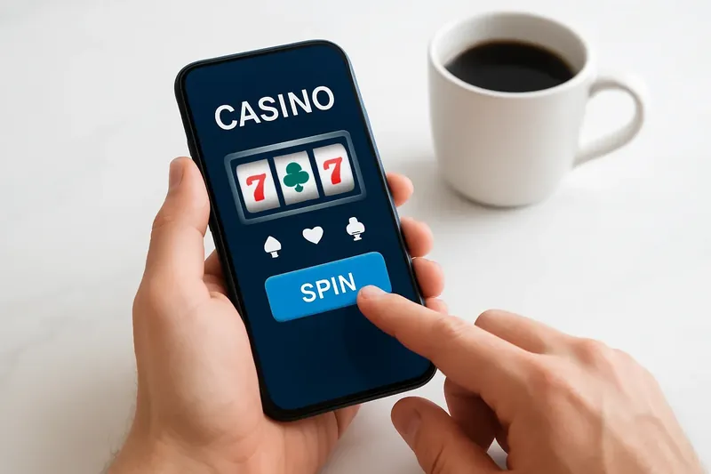 Man's hands tapping mobile casino interface on phone at marble desk