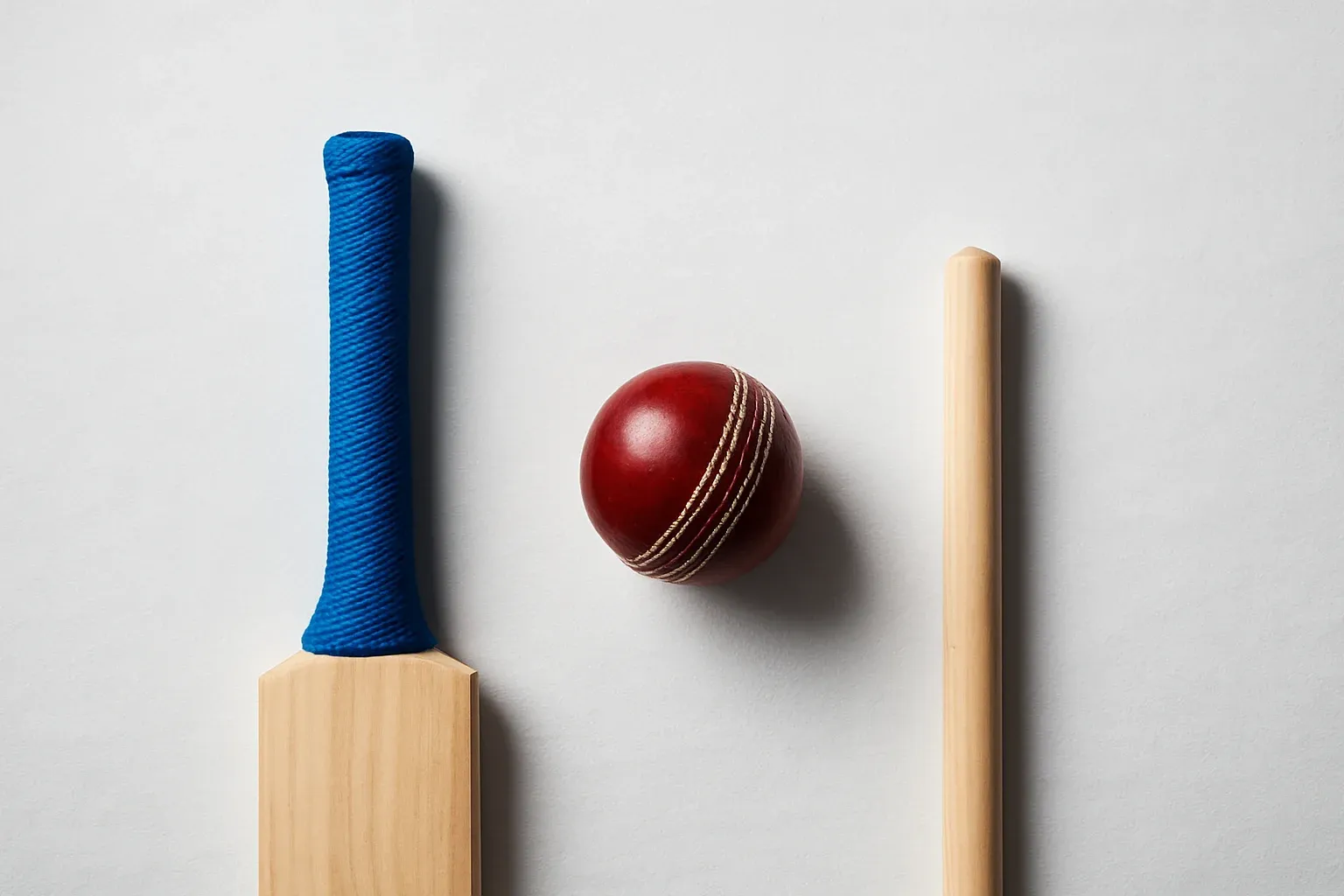 Overhead flat lay of cricket ball, bat handle and stump