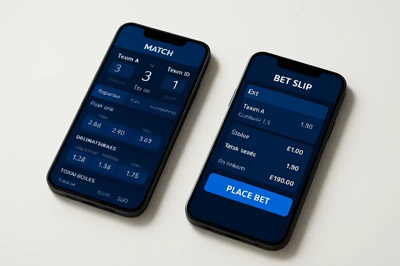 Two smartphones showing match dashboard and bet slip on cream surface