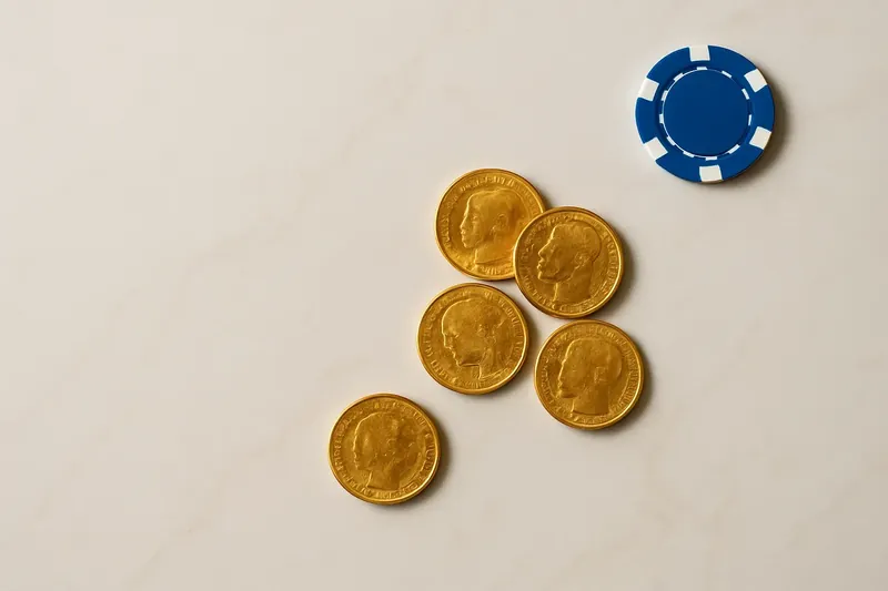 Five gold coins on cream marble with poker chip edge