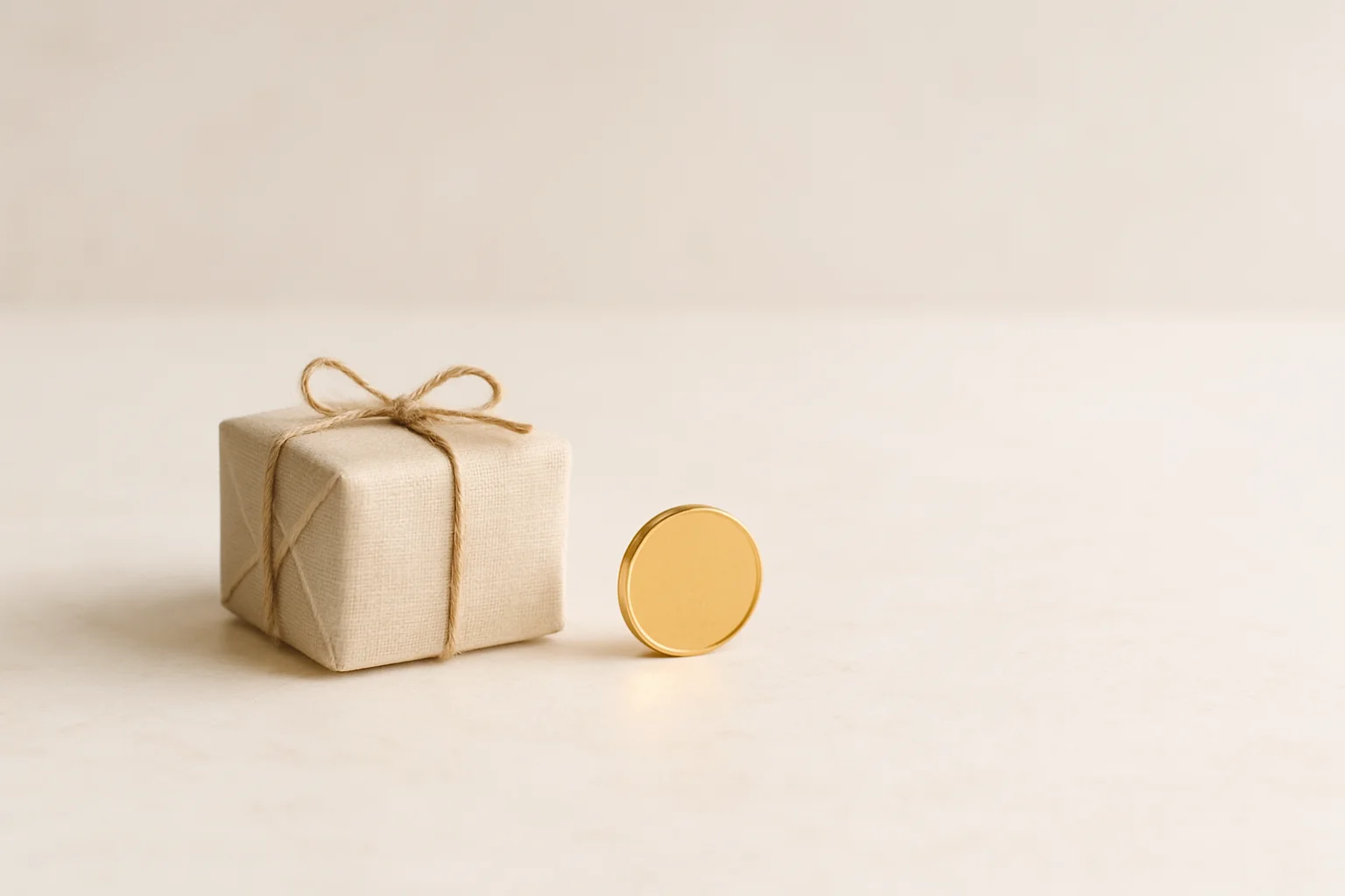Single gold coin beside small gift box on cream marble surface