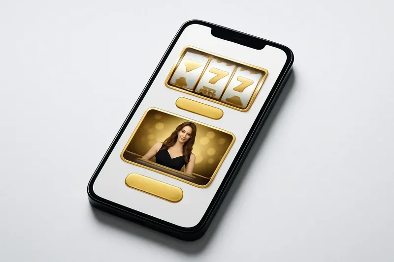 Mobile phone showing casino app with slots and live casino games