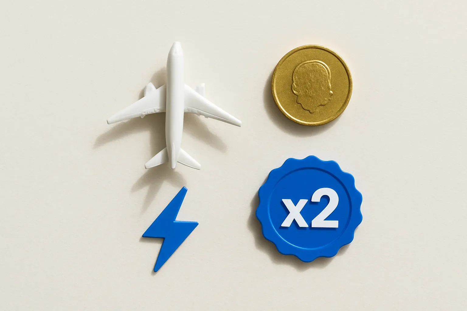 Overhead flat lay with airplane figurine, gold coin, lightning token, multiplier badge