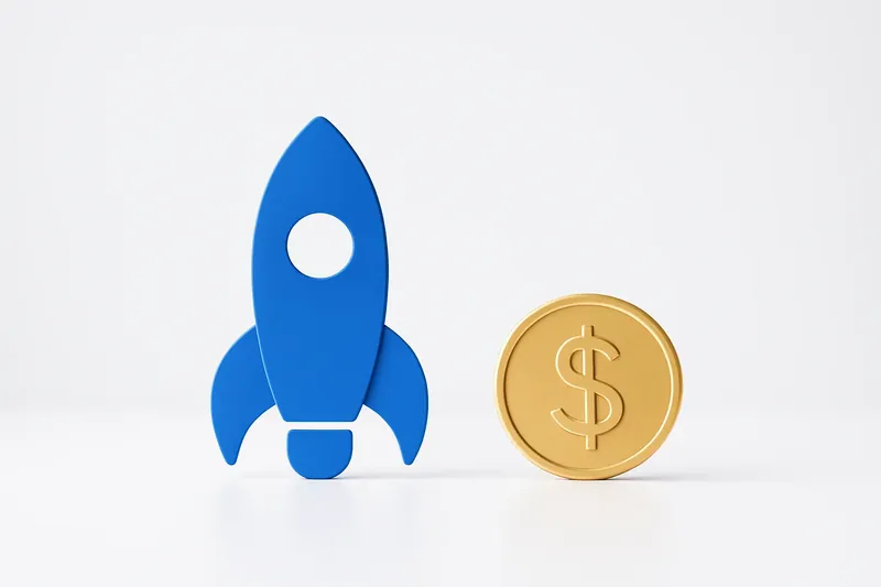 Minimalist rocket icon with gold coin on white background