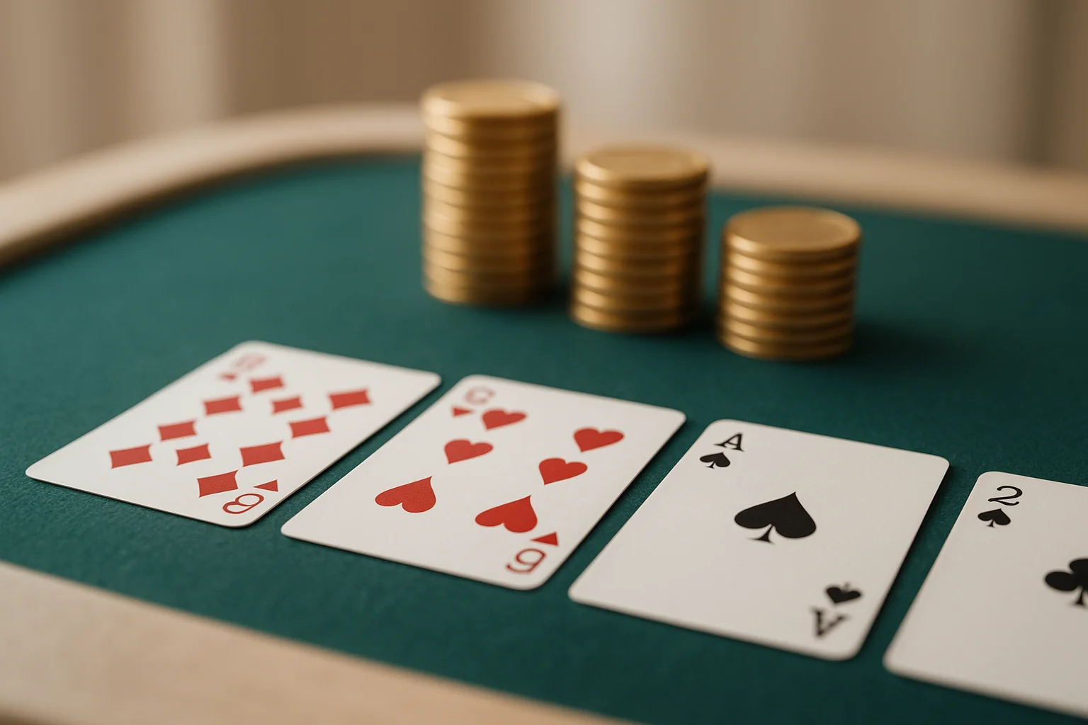 Green felt casino table with arranged cards and stacked gold chips