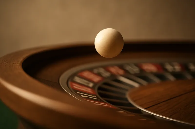 Roulette ball frozen mid-roll on wheel rim with blurred numbers
