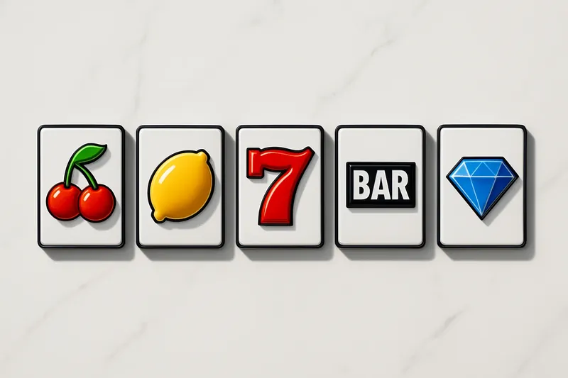 Five polished slot symbols in a neat row on white marble
