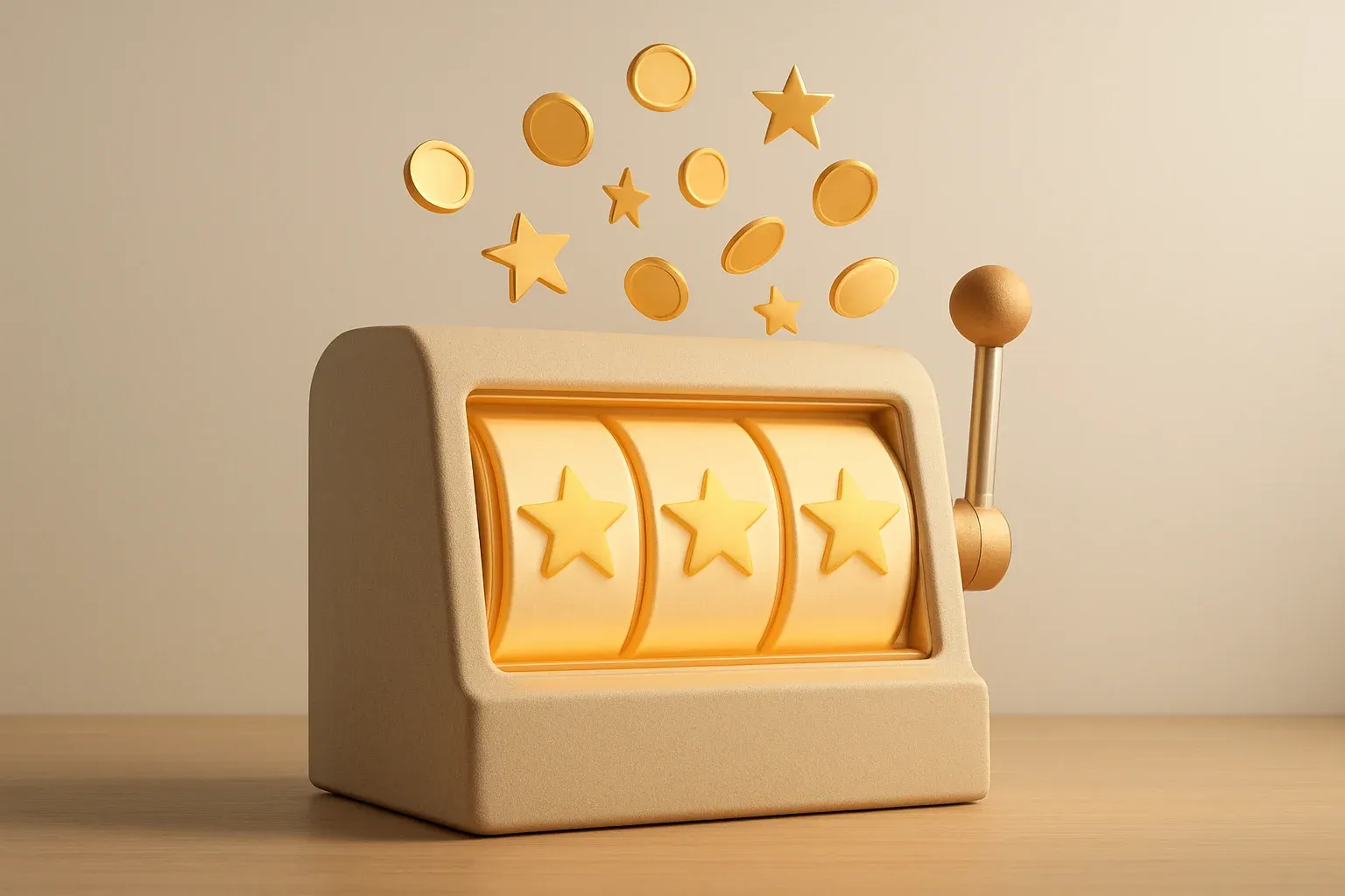 Slot machine jackpot with floating coins and stars on white background